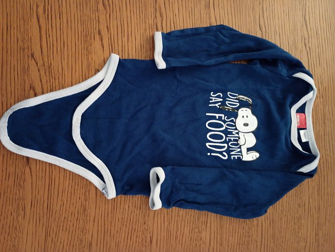 Langarmbody blau Aufdruck Snoopy Did someone say food ? 86/92 Peanuts